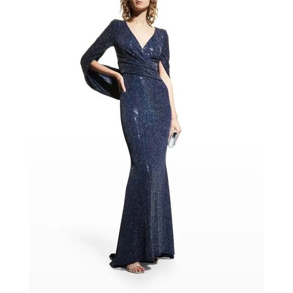 Talbot Runhof Rosin Metallic Navy Draped Gown V-Neck Cape Sleeve 6 36 Preowned - Picture 2 of 14